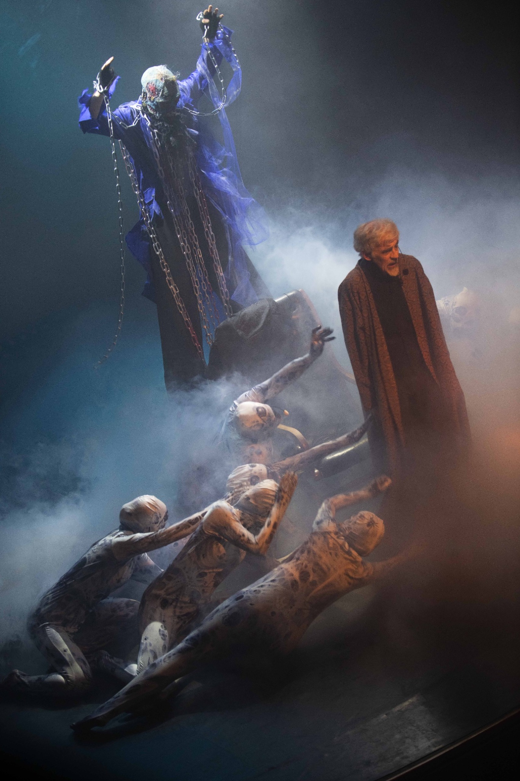 Scrooge confronted by Marley and the chained spirits