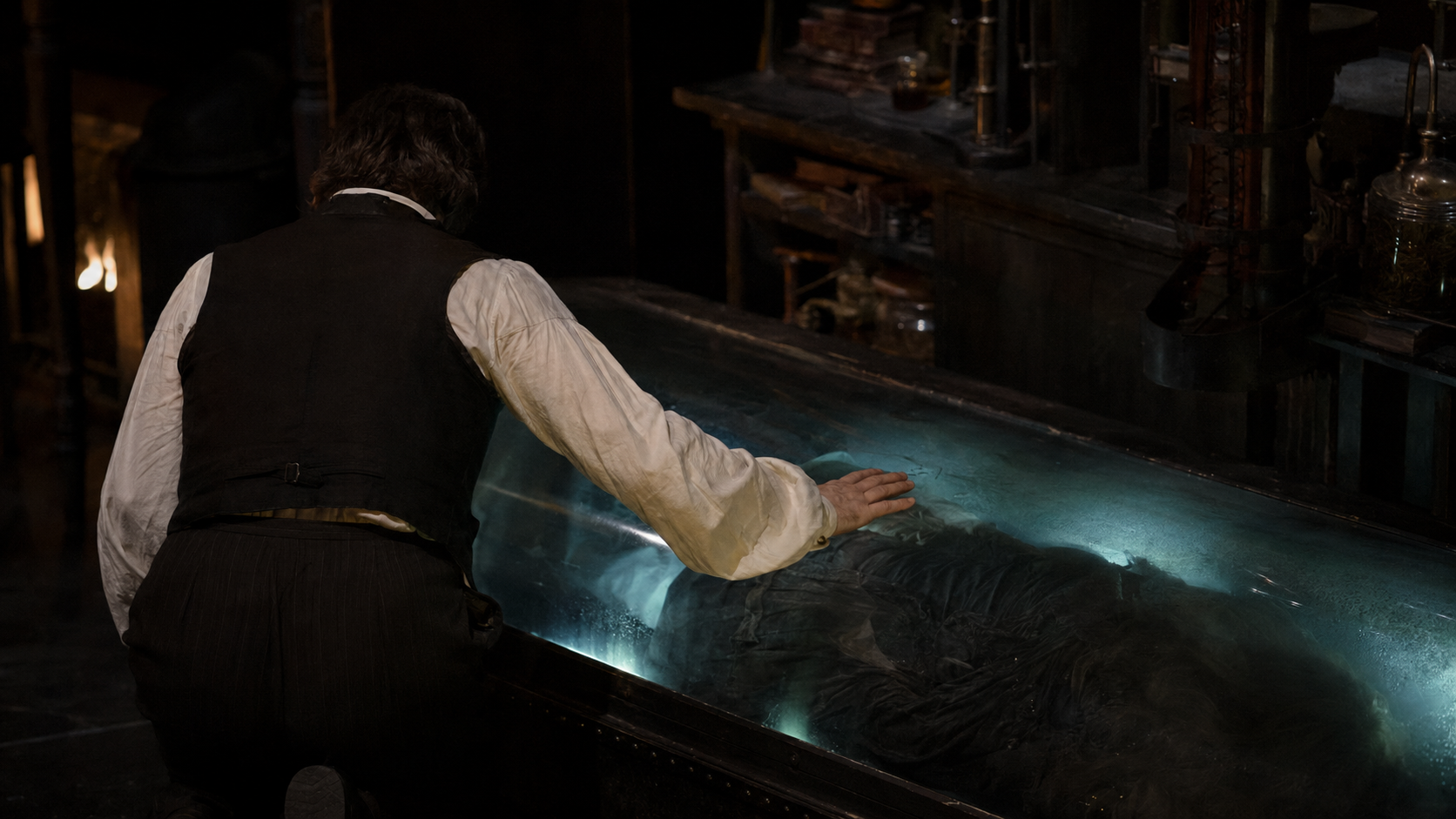 Johannes beside the woman suspended in his laboratory, concept image